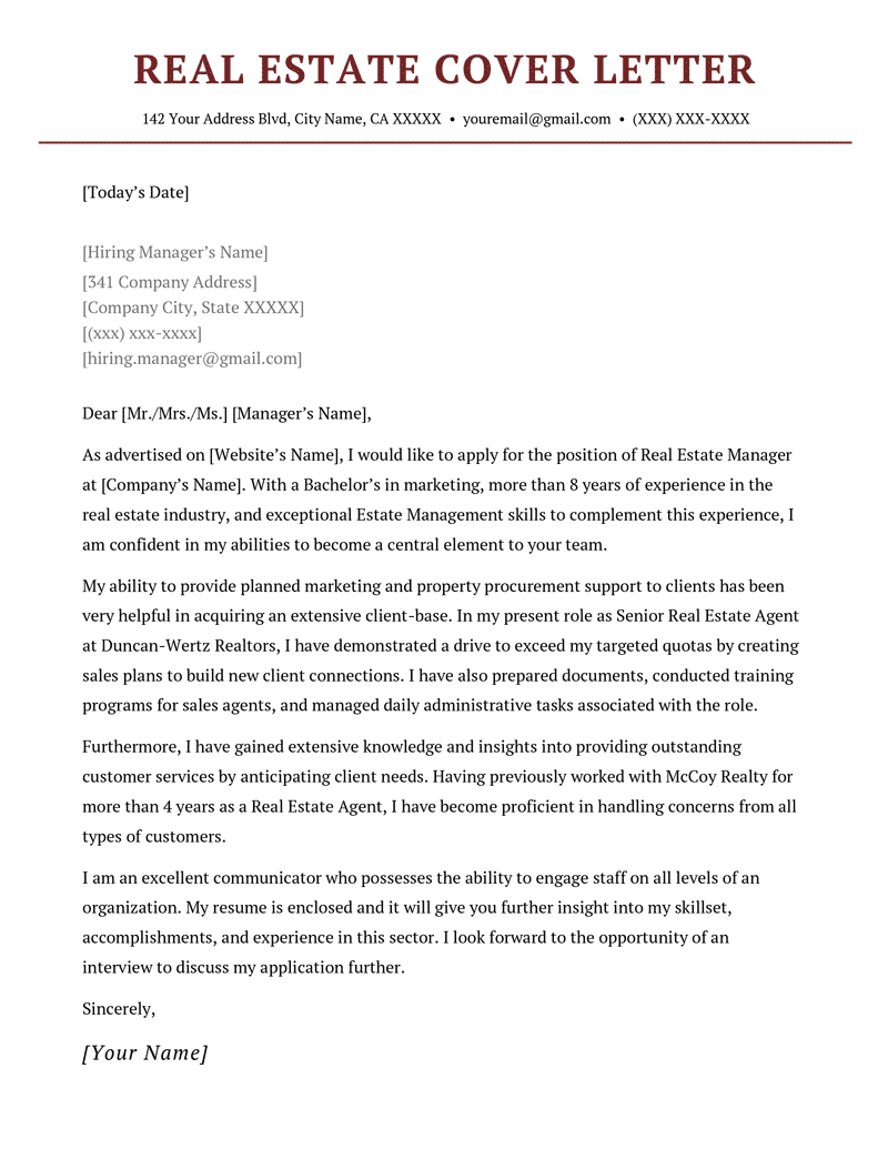 Real Estate Agent Cover Letter Example