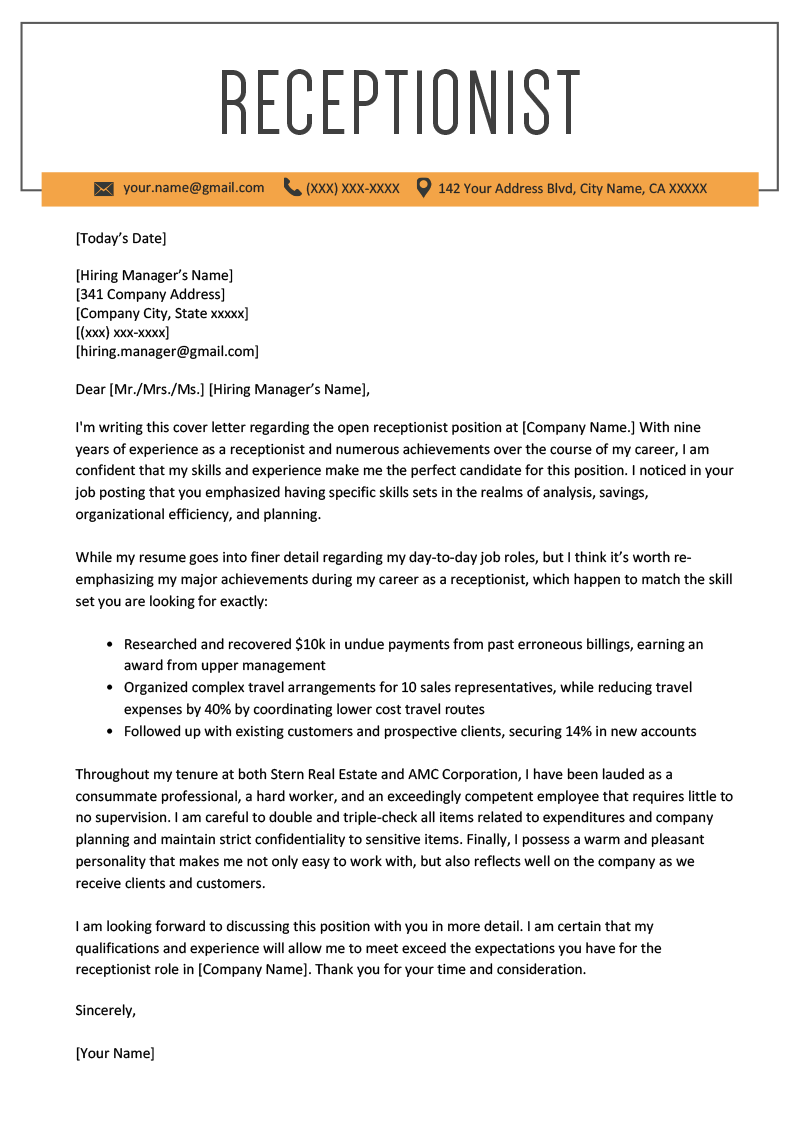 receptionist cover letter example
