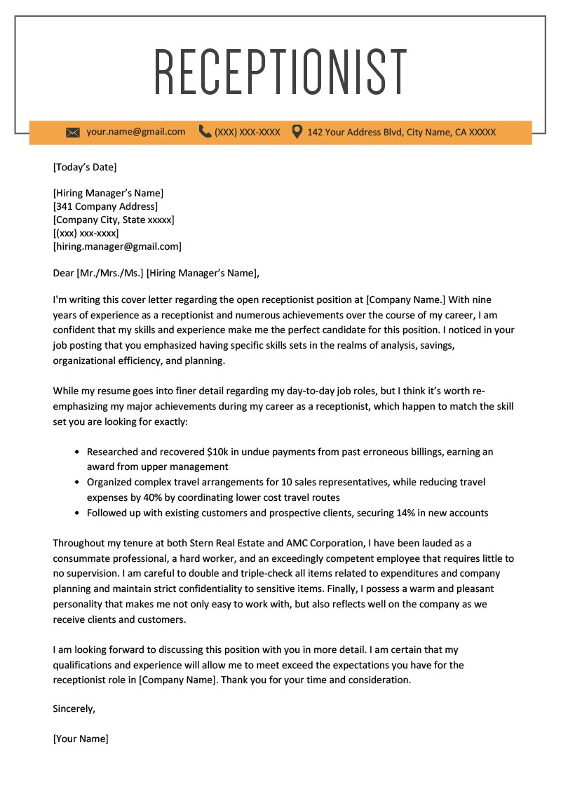 Receptionist Cover Letter Example | Resume Genius