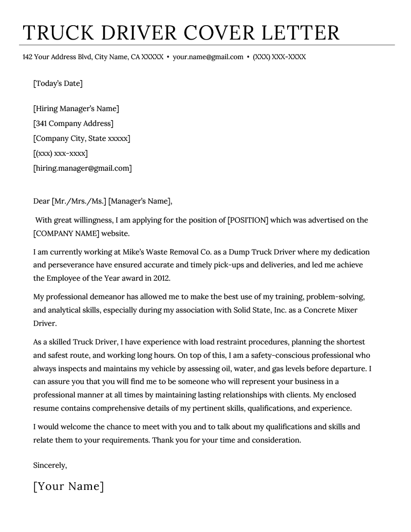 cover letter for driver position