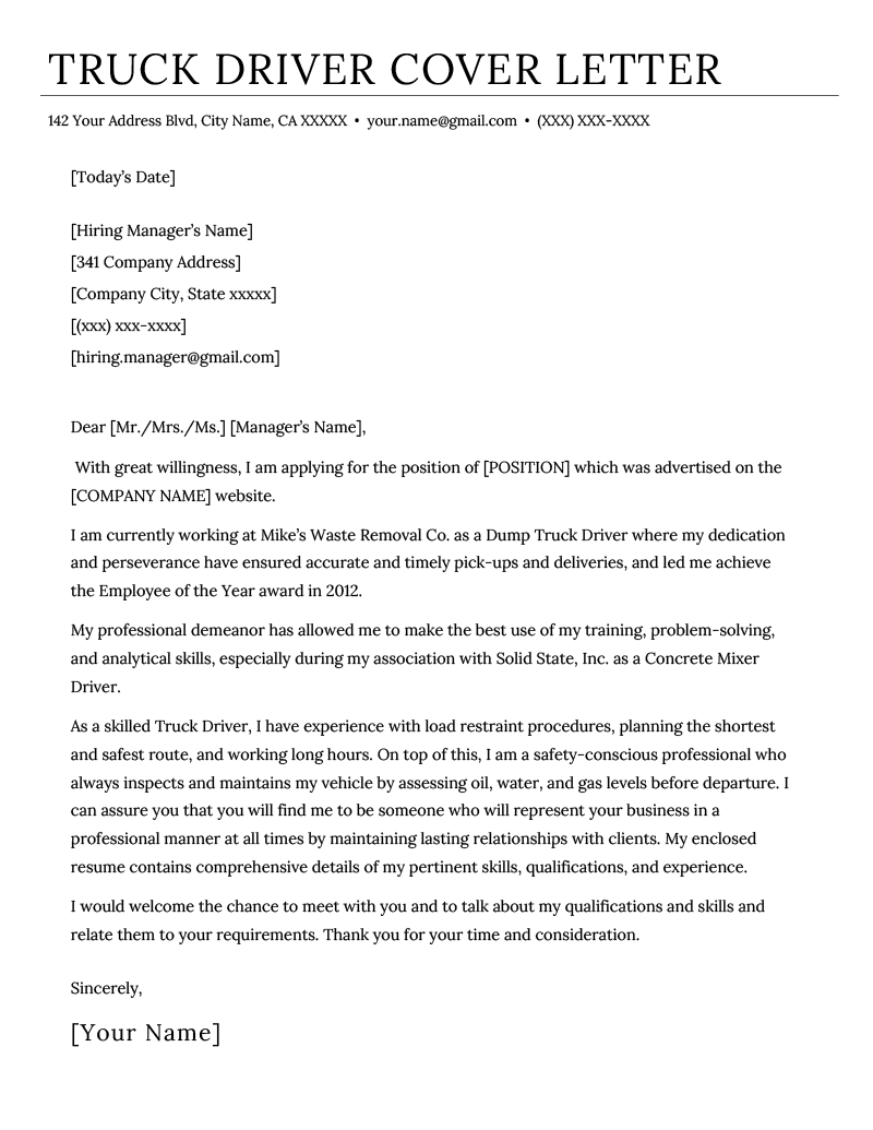 Truck Driver Cover Letter Example Writing Tips Resume Genius