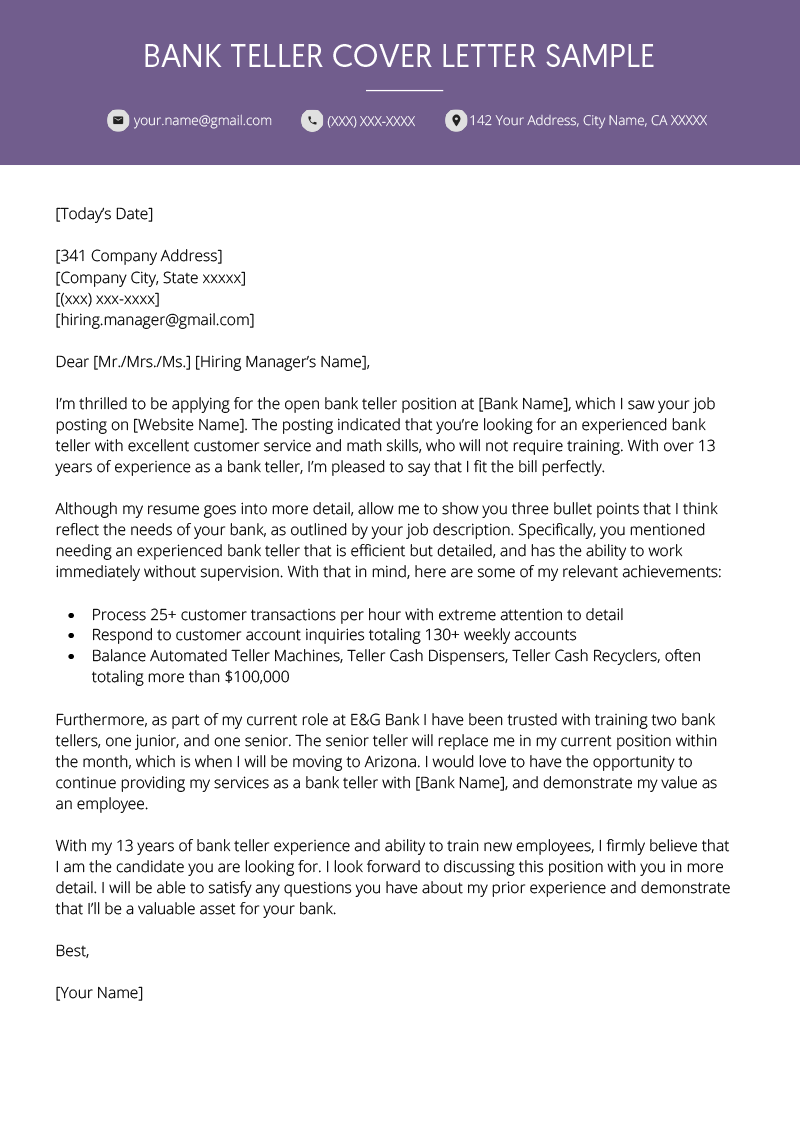 bank job cover letter sample