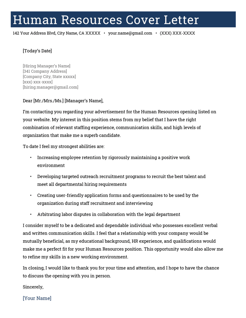 A human resources (HR) cover letter example and template with a blue header to make the applicant's name stand out