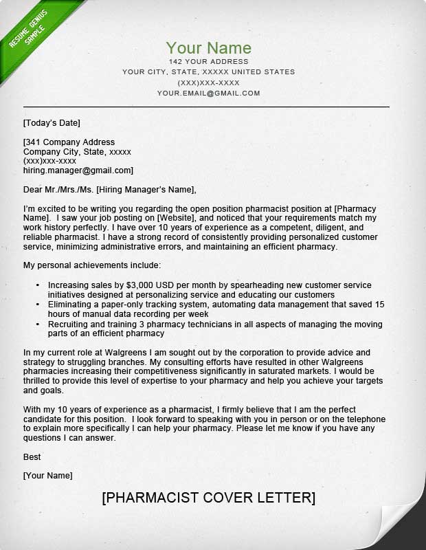 specialty pharmacist cover letter