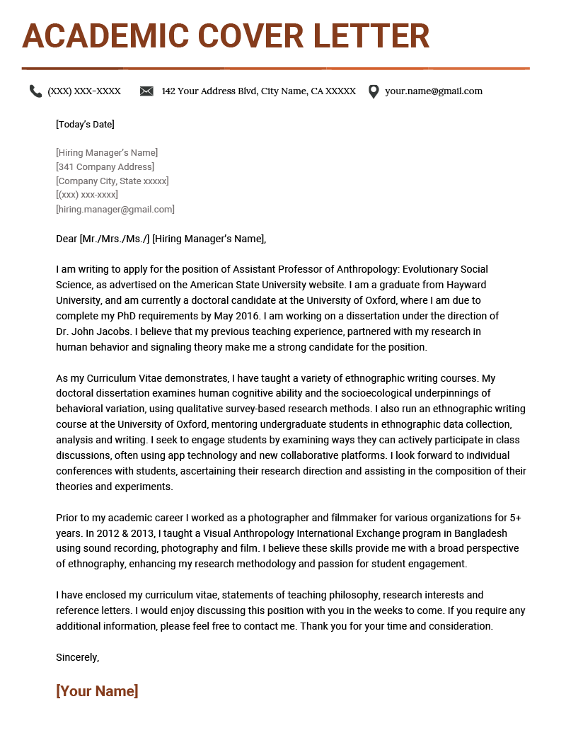 An academic cover letter example with red header text to make the applicant's name stand out