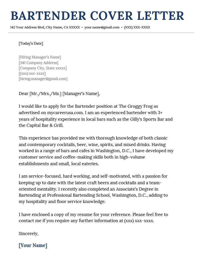 A bartender cover letter example with large, blue header text to help the applicant stand out