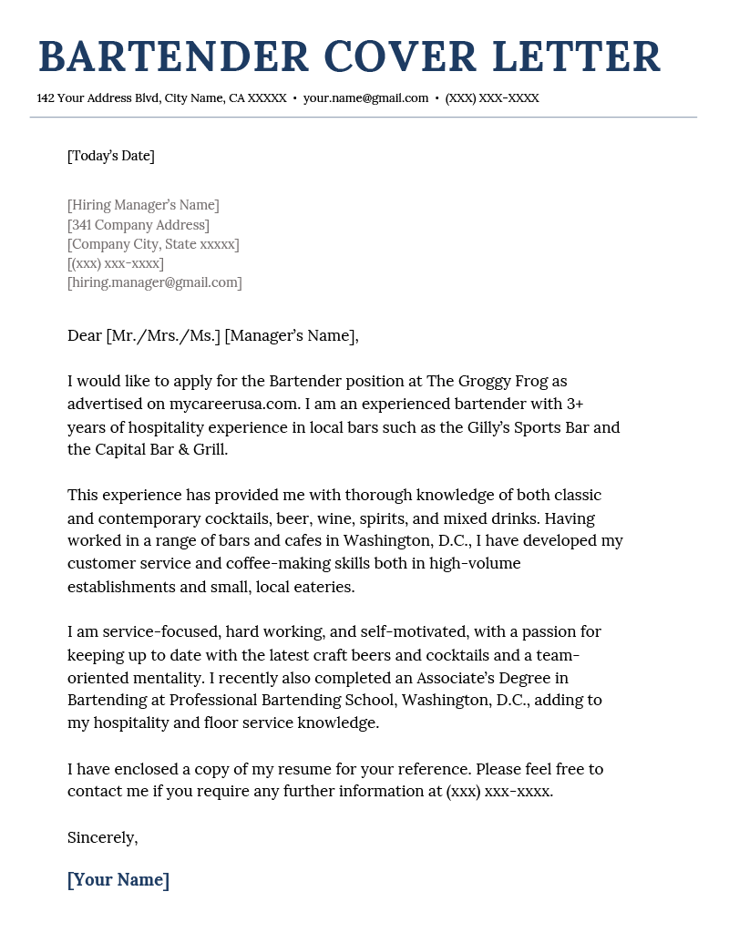 Cover Letter Hospitality Bar - Bartender Cover Letter Sample