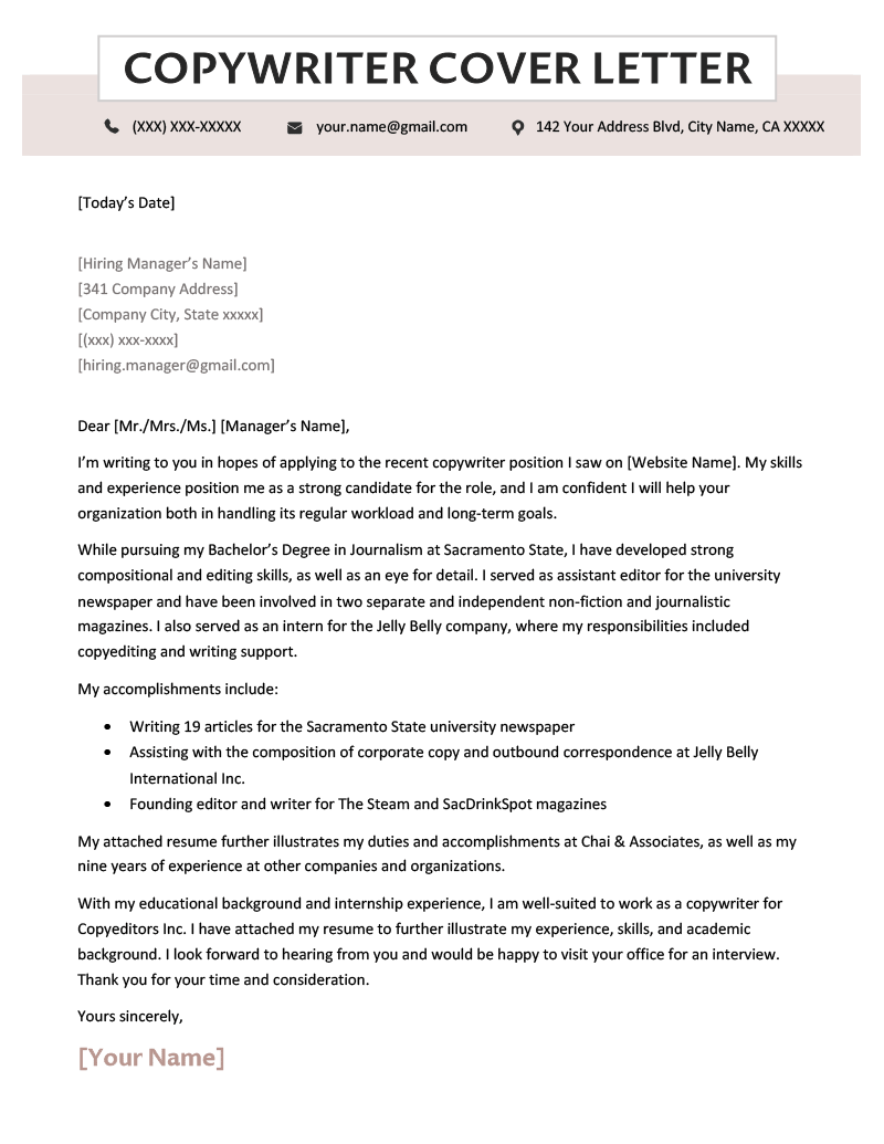 Copywriter Cover Letter [Example for Download] | Resume Genius