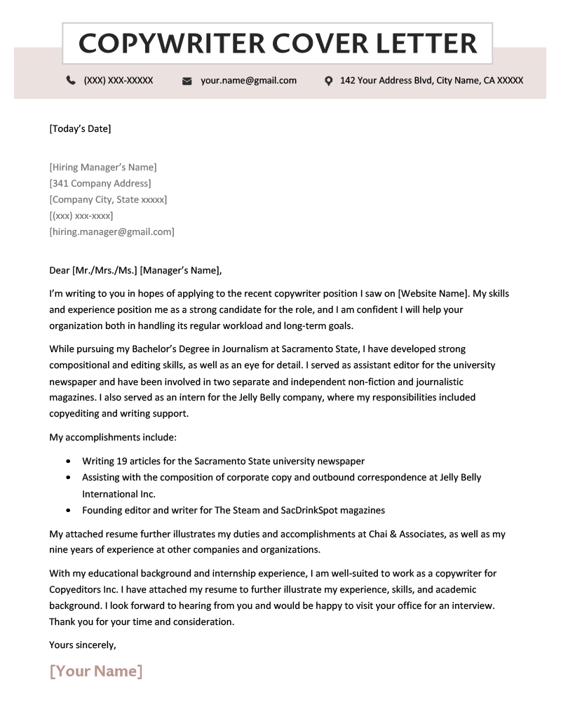 free copywriter cover letter