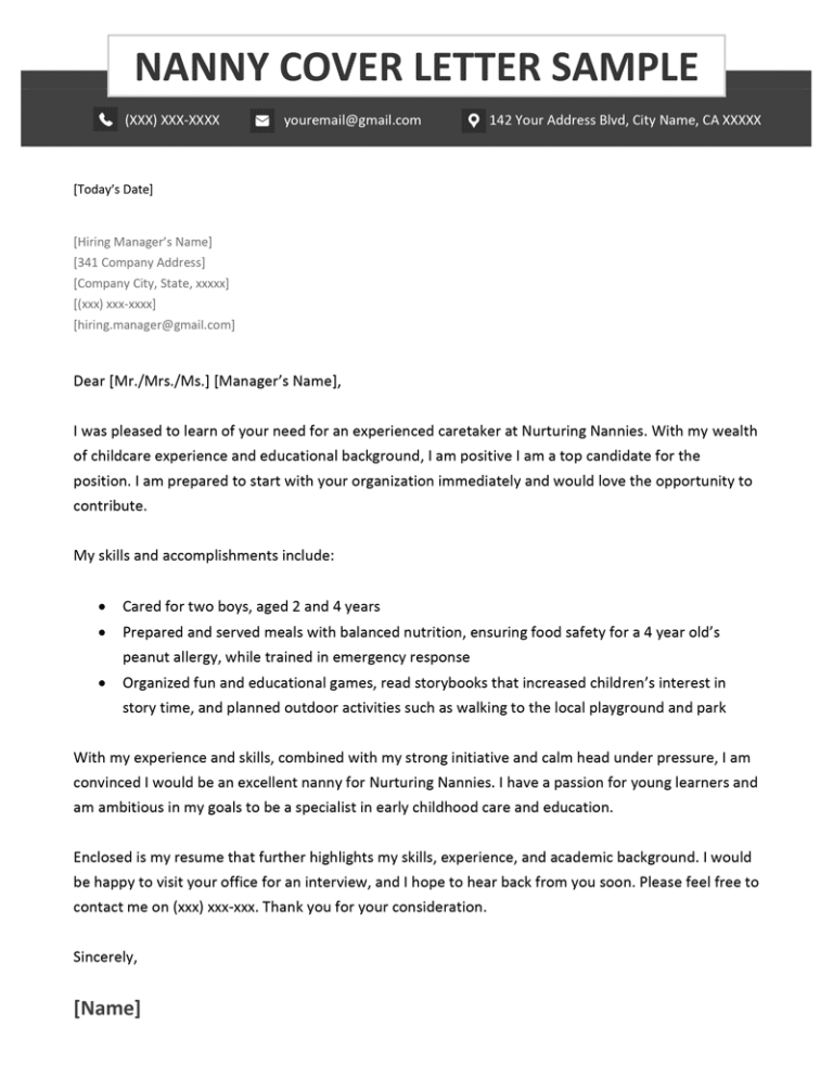 nanny cover letter example free