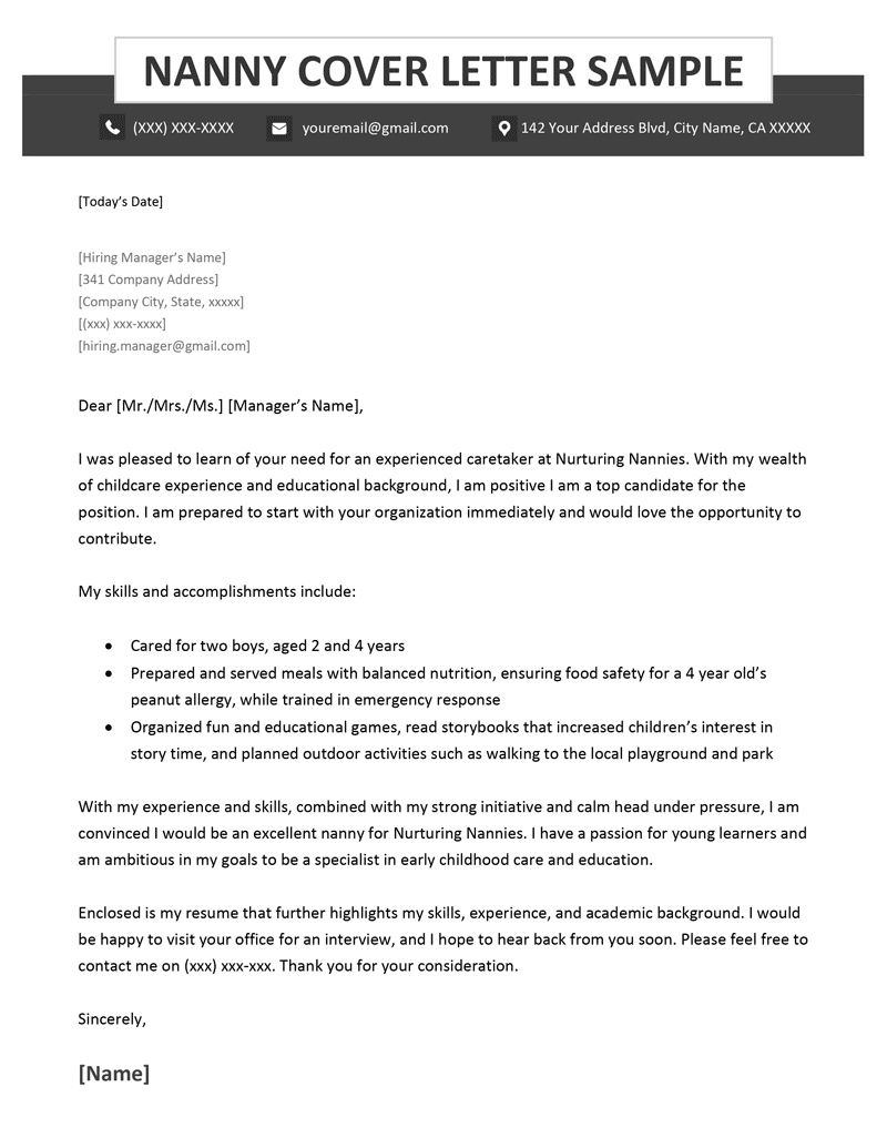 Nanny cover letter sample