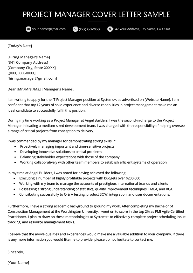 Project Manager Cover Letter Example  Resume Genius