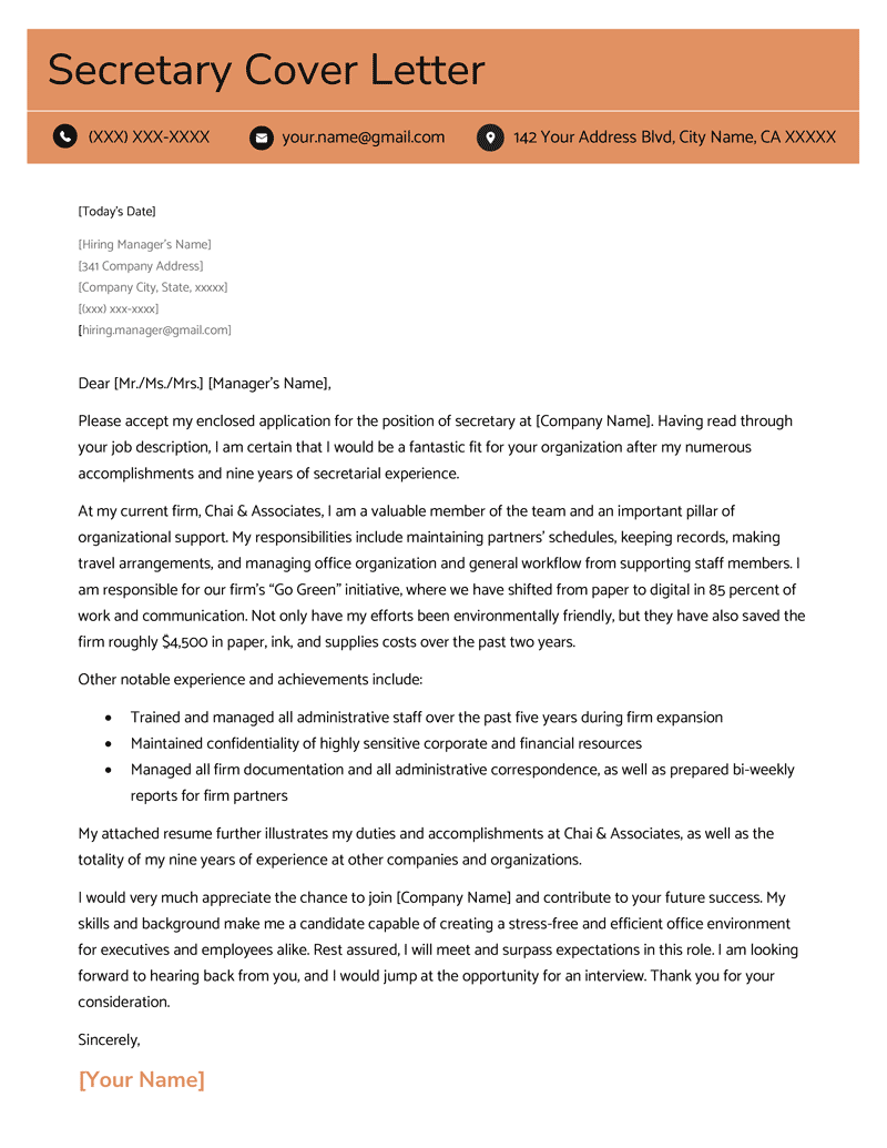 A secretary cover letter example template