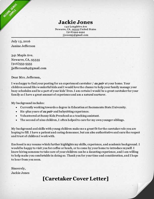 sample of cover letter for caregiver