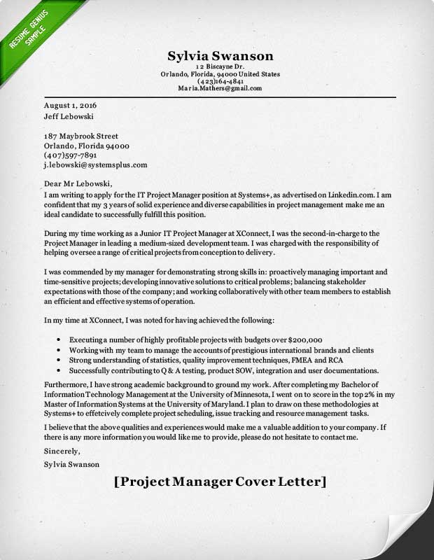 cover letter bullet points example