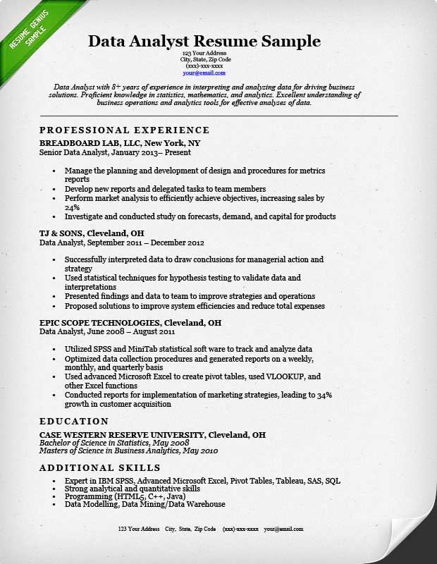 sample resume for data analyst intern