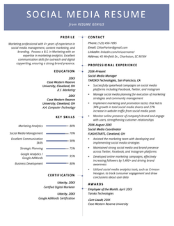 A social media resume example on a blue template with a blue header and section titles aligned on the center of the page