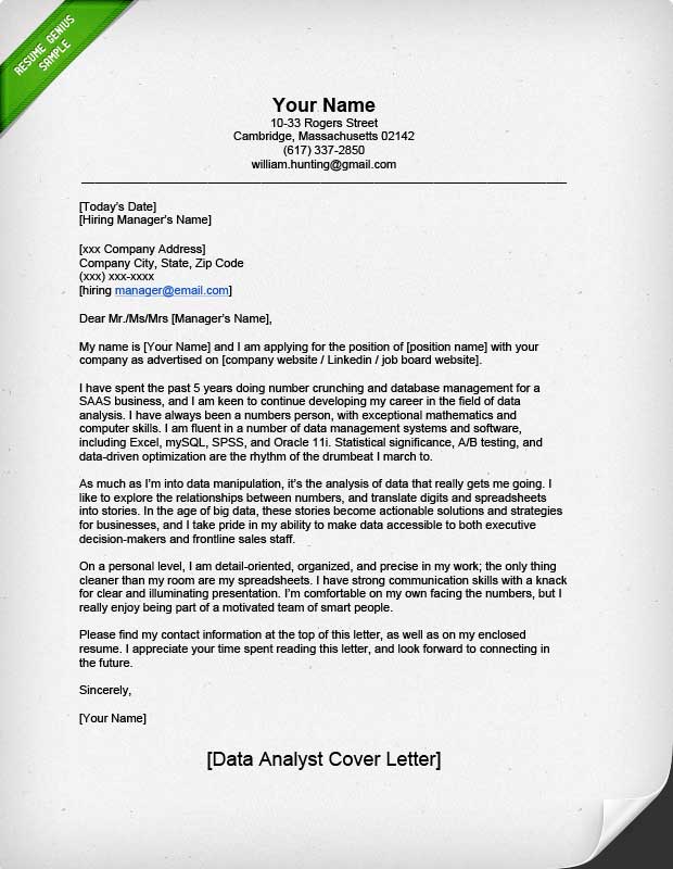 Professional Data Analyst Cover Letter