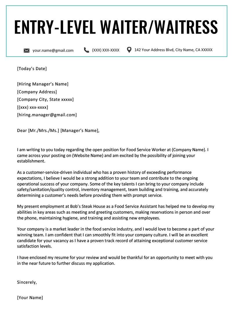 job application letter for restaurant waiter