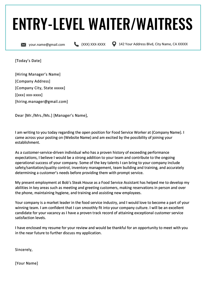 application letter for waiter position