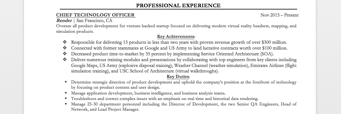 CTO Professional Experience Sample