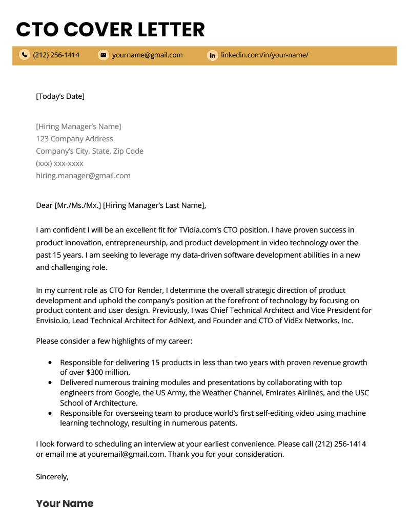 sample cover letter for a CTO