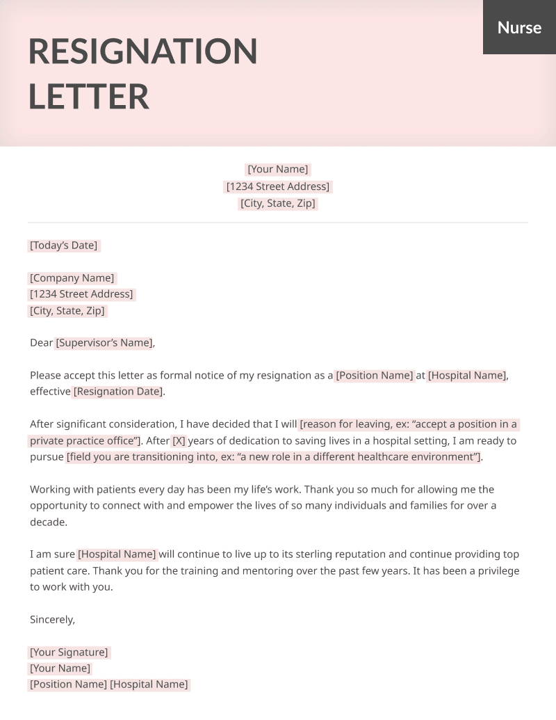 A nurse resignation letter template