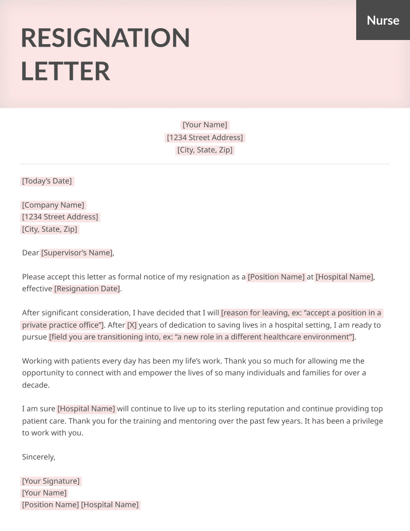 Letter Of Resignation Template Nursing