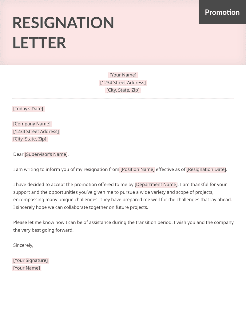 A letter of resignation template for a promotion