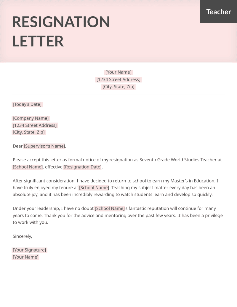 Teacher Letter Of Resignation Example from resumegenius.com