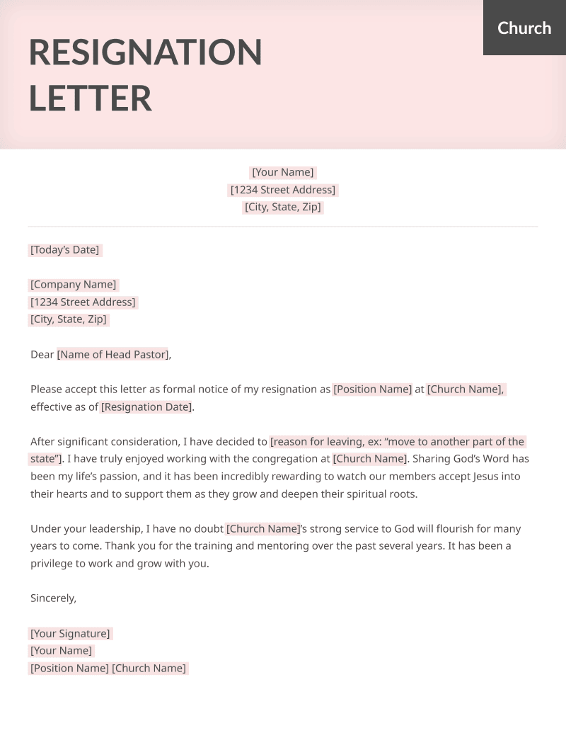 A resignation letter template for resigning a church position
