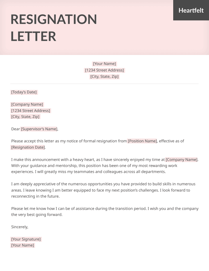 A heartfelt resignation letter template