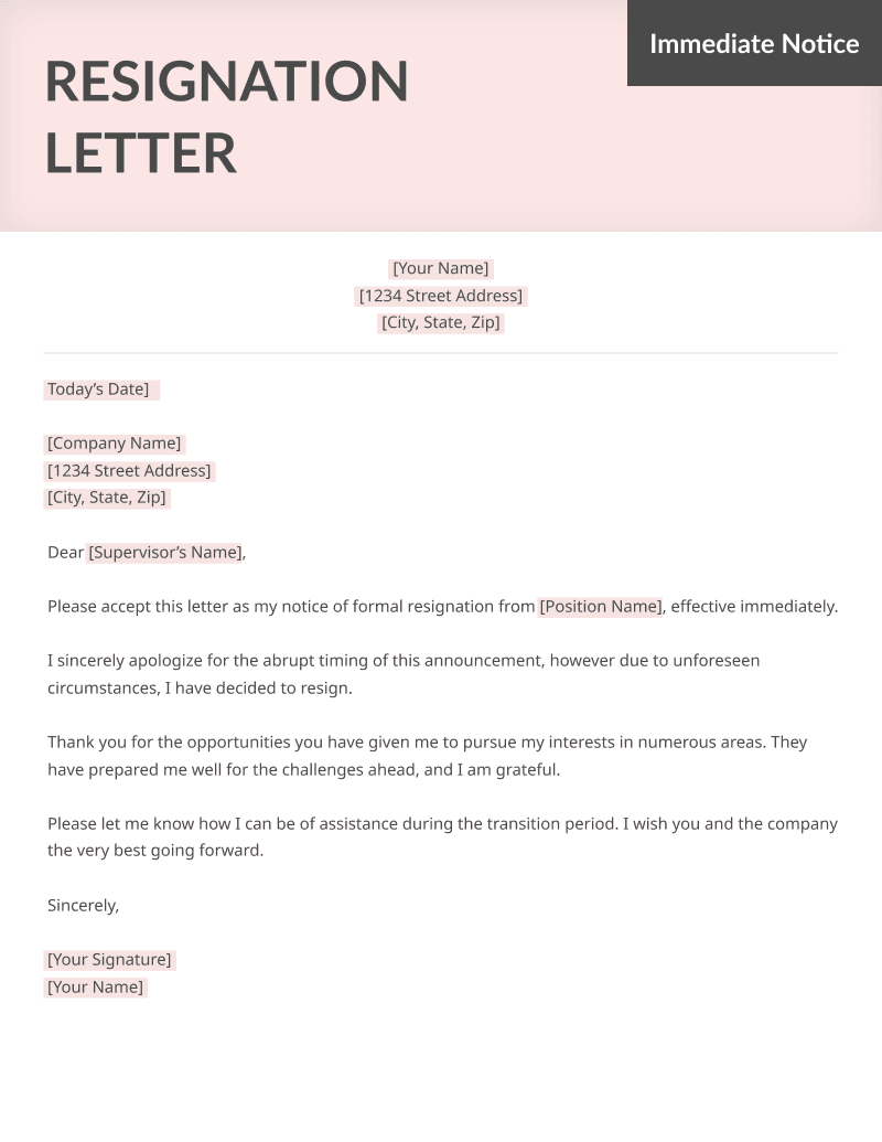 resignation letter sample