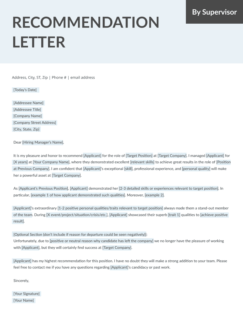 Letter Of Recommendation Template By Supervisor 