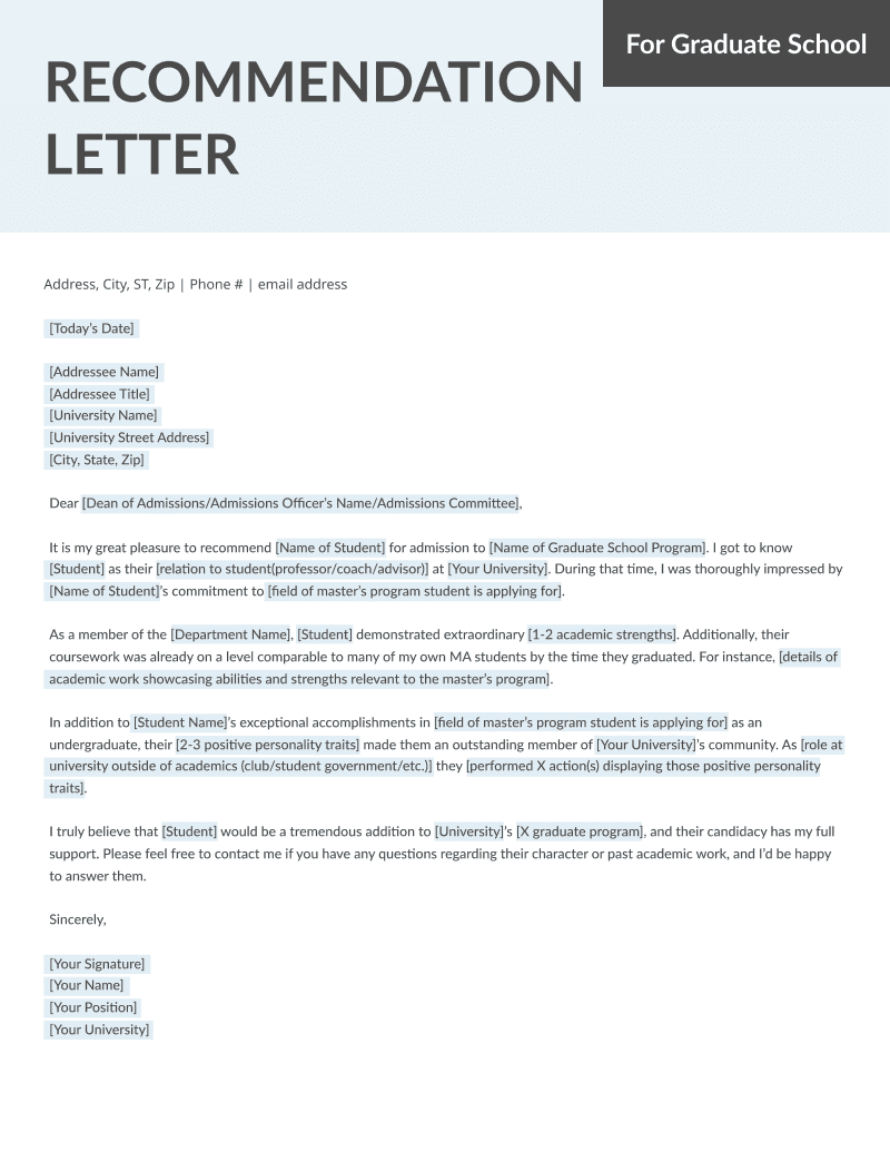 Letter Of Recommendation Template For Graduate School 