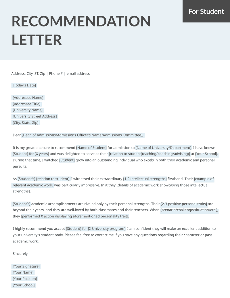 student and teacher recommendation letter samples