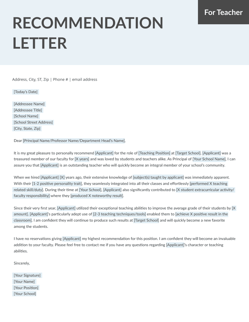 Student and Teacher Letter of Recommendation Letter Samples