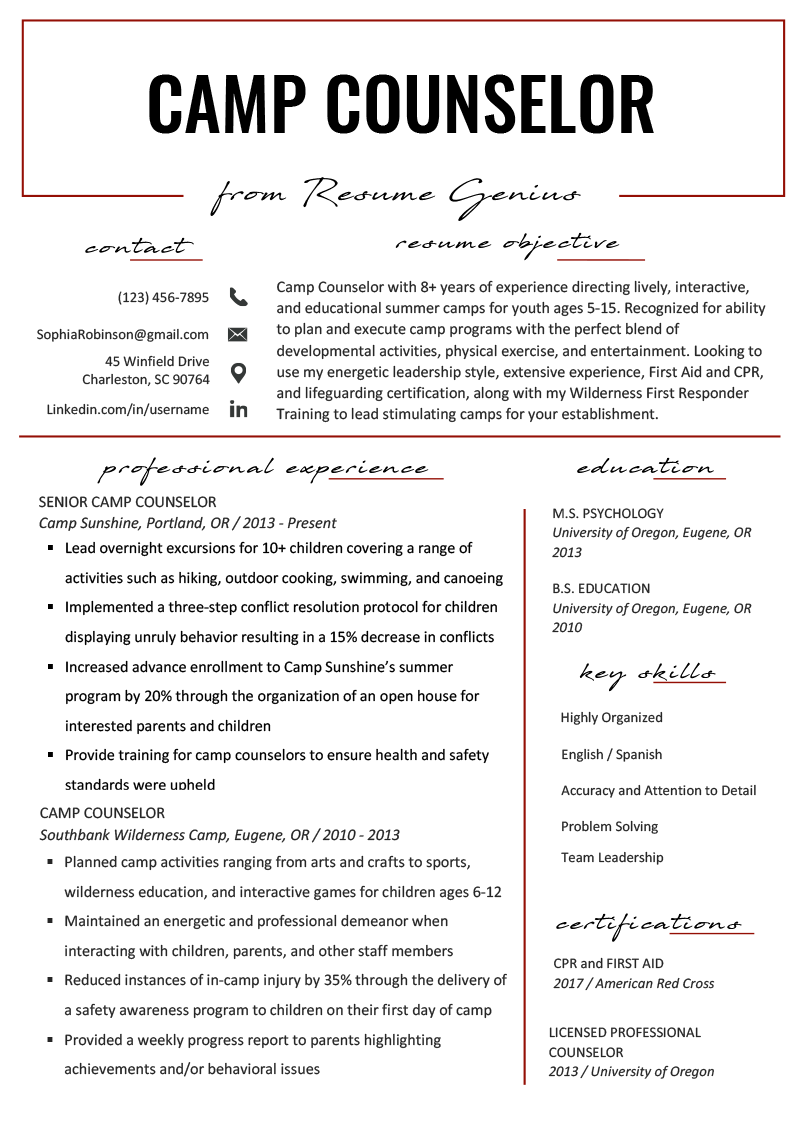 Camp Counselor Resume Sample & Tips Resume Genius