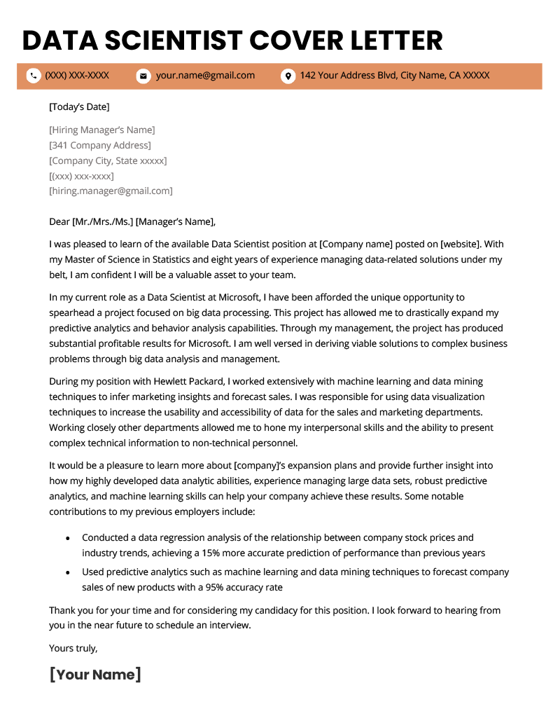 data scientist cover letter example template