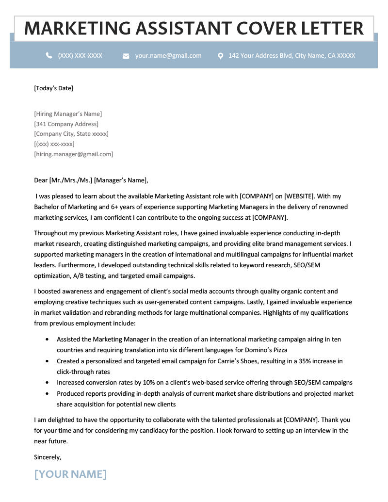marketing assistant cover letter example template