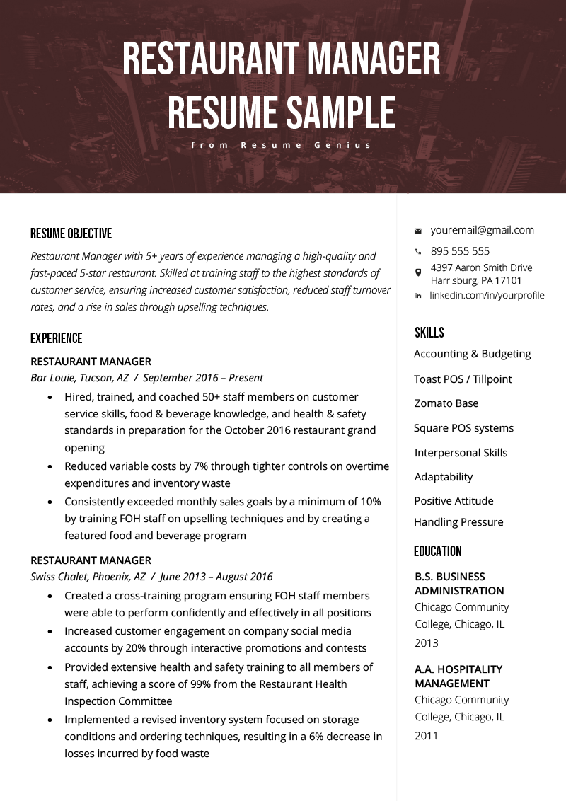 Restaurant Manager Resume Sample & Tips Resume Genius