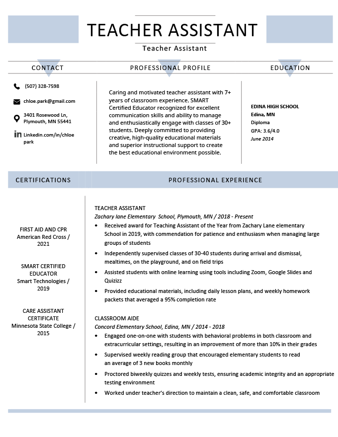 Teacher Assistant Resume Sample & Writing Tips