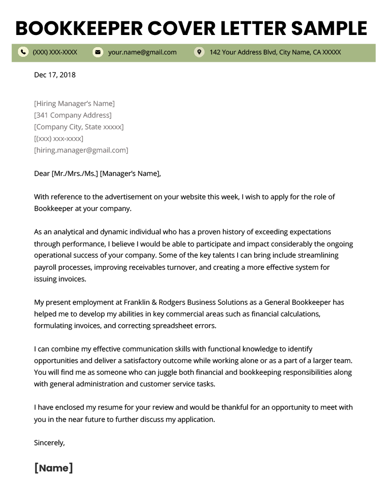 A bookkeeper cover letter example with green bars in the header and footer to help the applicant stand out