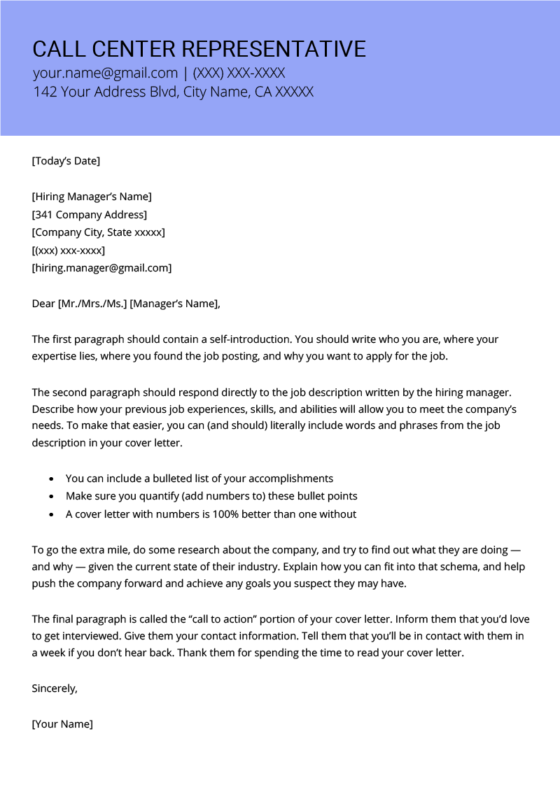 sample cover letter for call center jobs