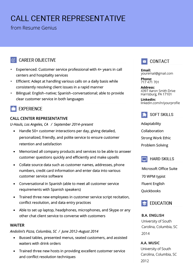 call center rep resume sample