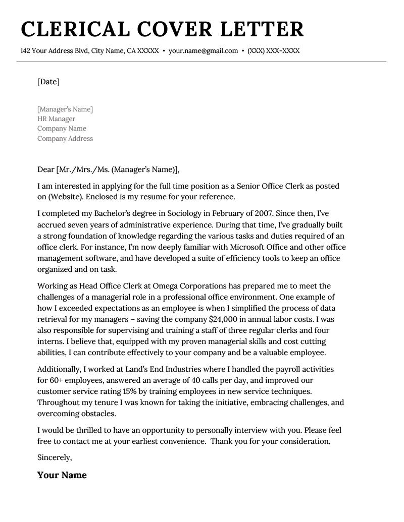 Clerical Cover Letter Example Template