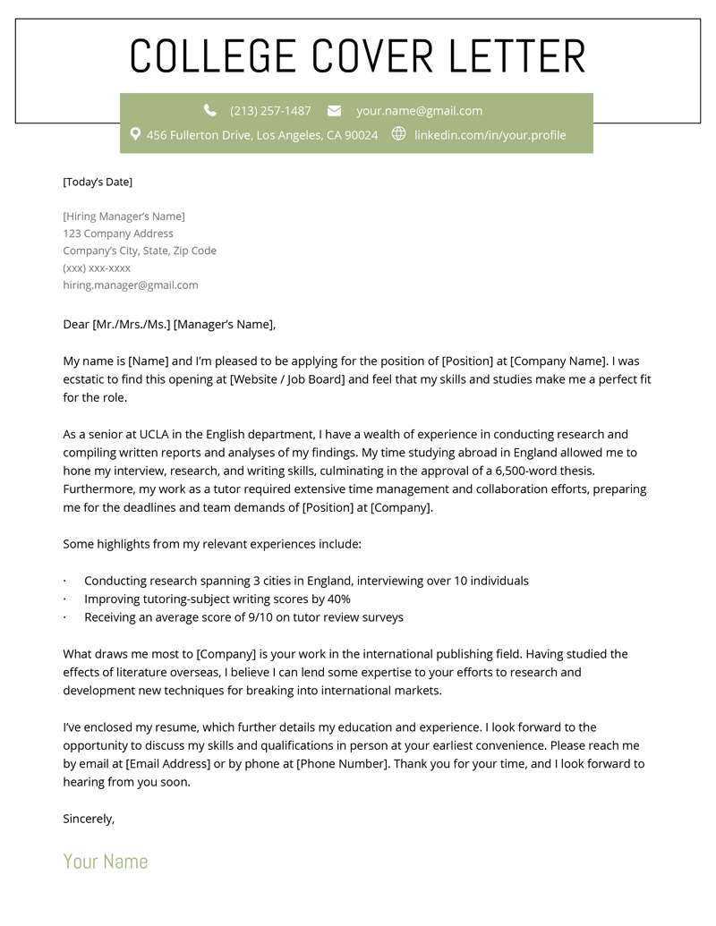 College Cover Letter Example Template