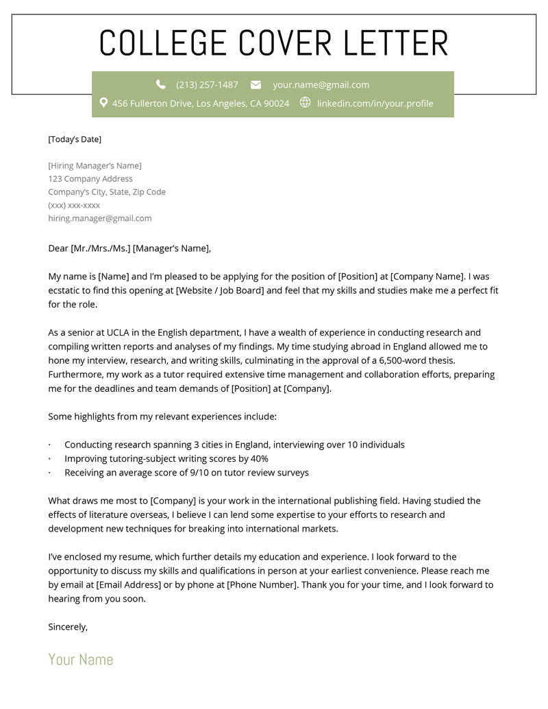 College Student Cover Letter Sample