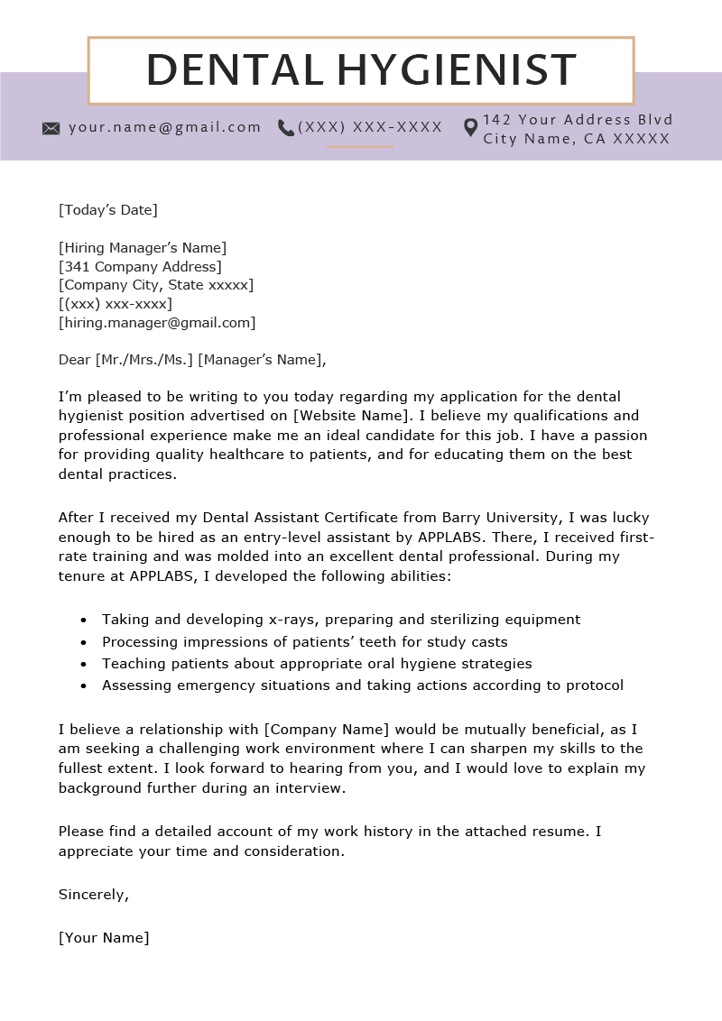 cover letter for resume dental