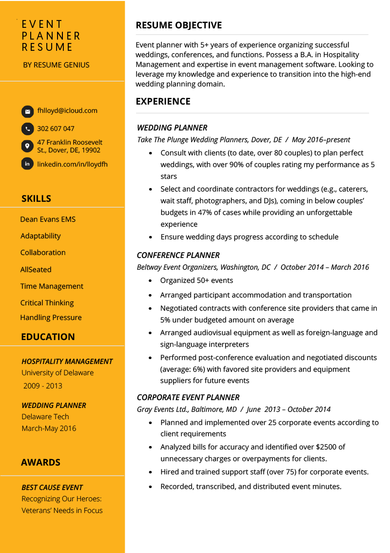 event planner resume example  u0026 tips